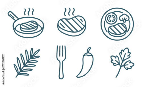 Grilled steak icons with cooking utensils and herbs