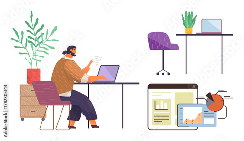 Person working at a desk with a laptop, surrounded by furniture, plants, and charts. Ideal for teamwork, productivity, analytics, planning, home office modern work simple flat metaphor