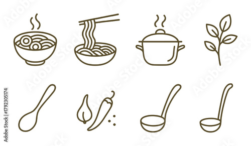 Icon set of cooking utensils and ingredients on yellow background