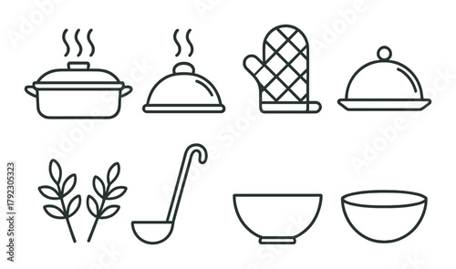 Minimalist kitchen icons: cookware, utensils, and dishes in line art style