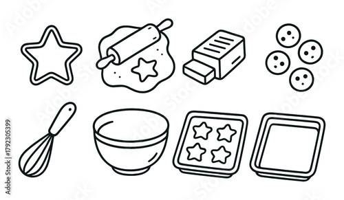 Baking essentials: rolling pin, cookie cutters, whisk, and baking sheets in line art