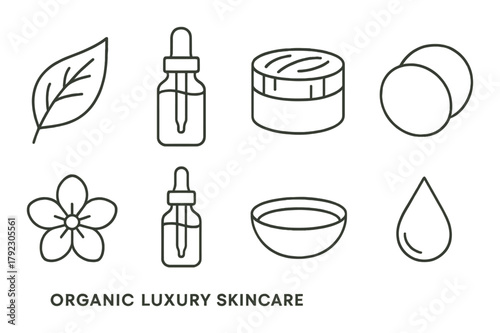 Organic luxury skincare line icons with natural ingredients and minimalistic design