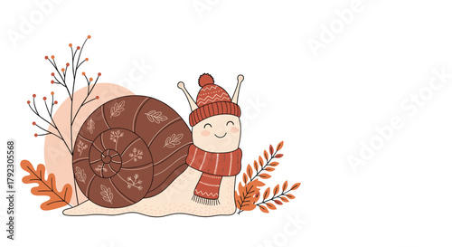 A cute cartoon snail wearing a hat and scarf in autumn.
