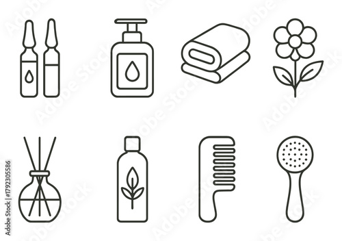 Spa and wellness icons: essential oils, skincare, relaxation, aromatherapy