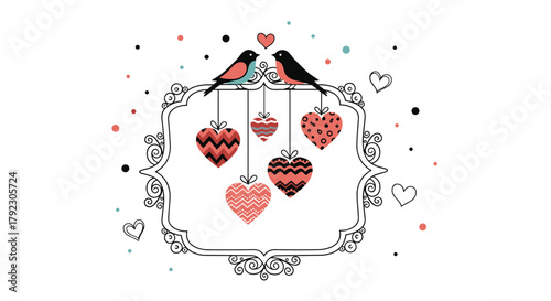A charming illustration of two lovebirds perched above heart decorations within an ornate frame.