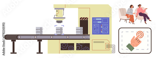 Industrial robot inserting items on conveyor belt, control panel, women talking on chairs, and touchscreen icon. Ideal for automation, technology, networking, production, teamwork efficiency