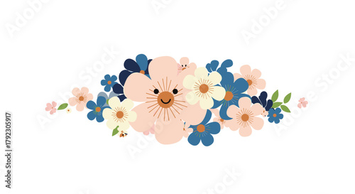A charming illustration of a delightful collection of blooming flowers in various soft pastel colors.