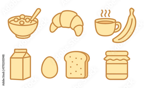 Breakfast icons: cereal, croissant, coffee, banana, milk, egg, bread, jam