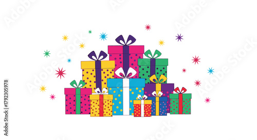 A colorful pile of wrapped gifts decorated with confetti and ribbons makes a festive display.