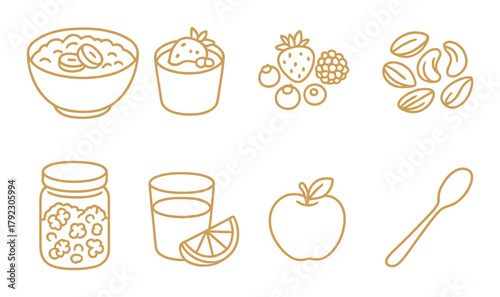 Glowing outline of fruit, cereal, and breakfast items on dark background