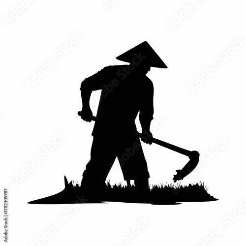 vector silhouette of a farmer hoeing the soil in a rice field