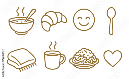 Simple food icons: soup, croissant, coffee, pasta, spoon, blanket, smiley, heart