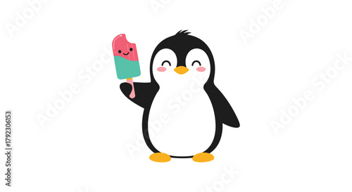 A cute cartoon penguin enjoying a colorful popsicle on a warm day.