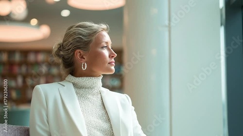 A focused adult woman with blonde hair, dressed in a stylish white turtleneck and blazer, stands thoughtfully looking out a large window in a modern, brightly lit interior space. Her pensive expressio