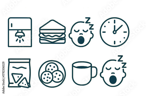 Icons of food, sleepy faces, clock, and snacks on yellow background