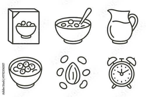 Cereal and milk icons with clock on brown background