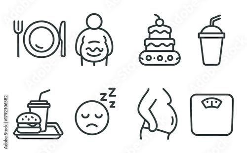 Obesity and unhealthy eating icons with food, sleep, and weight illustrations