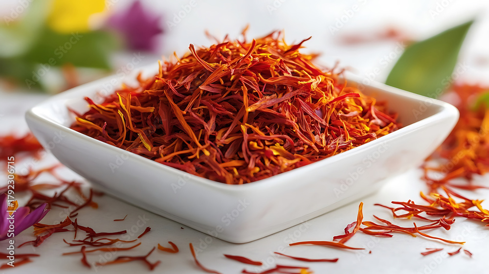 Fototapeta premium A Few Strands Of Saffron On A White Porcelain Dish On White Background Spice Concept
