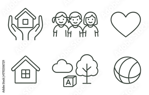 Minimalist icons of family, home, and play elements on textured background