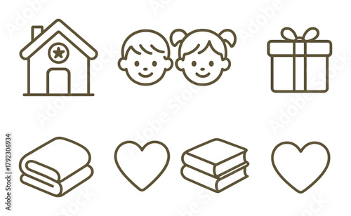 Children's items and symbols: home, kids, gift, blanket, heart, books