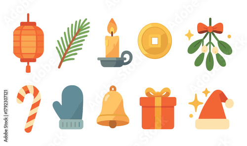 Festive holiday icons: lantern, pine, candle, coin, mistletoe, candy cane, mitten, bell, gift, santa hat