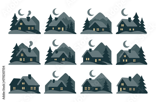 Scenic night landscape of cozy houses with pine trees and moonlit mountains