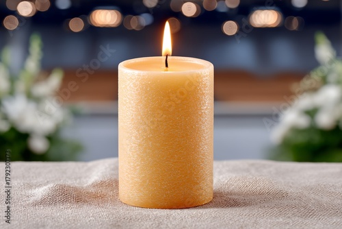 Candle is lit and is sitting on a table