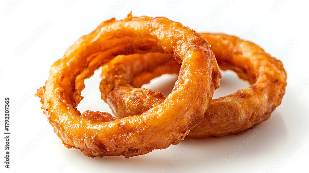 Fototapeta premium A Fried Onion Ring With Crispy Coating Isolated On White Background Snack Food