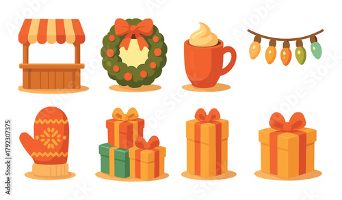 Festive icons: holiday market stand, wreath, hot drink, lights, mittens, gifts