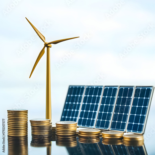 renewable energy banner background with green energy as wind turbines and solar panels