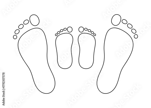 Footprint, leg silhouette adult person and child doodle line drawing. Hand drawn outline bare foot. Vector isolated illustration