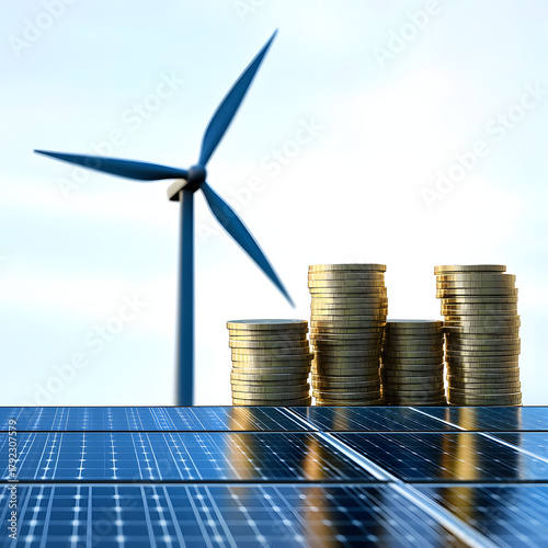 renewable energy banner background with green energy as wind turbines and solar panels