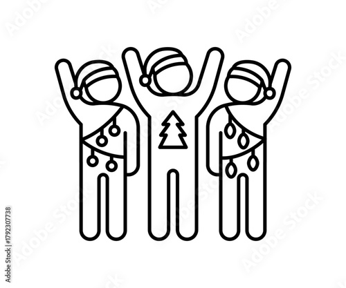 Three people with Santa hat and decoration, representing friendship and festive celebration. Partner support for holiday or Christmas greeting. Vector line illustration