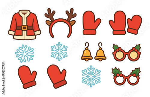 Festive christmas icons: santa suit, reindeer antlers, mittens, snowflakes, bells, glasses