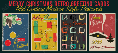 Mid Century Modern Christmas Greeting Cards, Atomic Age 1950s - 1960s Postcards, Merry Christmas Illustrations, Vintage Colors