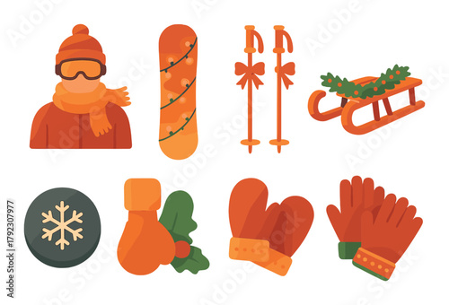Winter sports icons with snowboard ski poles sled and gloves