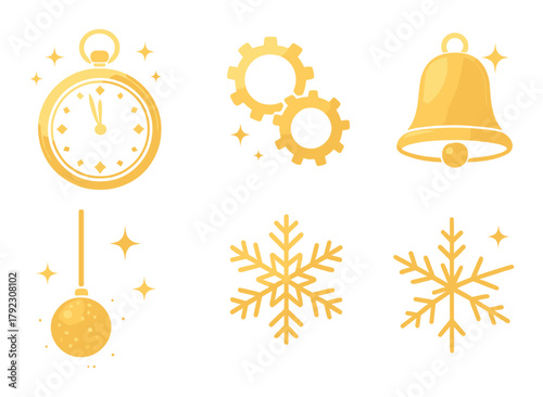 Golden christmas ornaments: clock, gears, bell, bauble, snowflakes on shimmering background