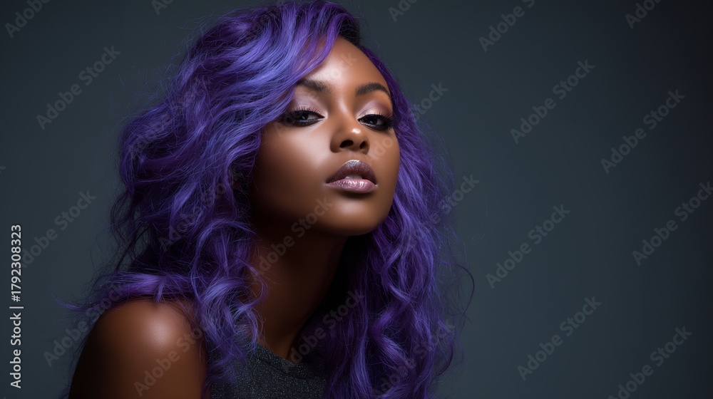 Fototapeta premium Woman with purple hair is standing in front of a gray background