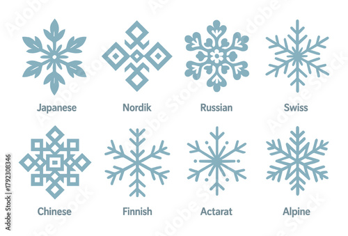 Diverse snowflake designs: japanese, nordic, russian, swiss, chinese, finnish, actarat, alpine