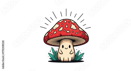 A cute cartoon mushroom with a happy face and radiating light surrounded by green leaves.