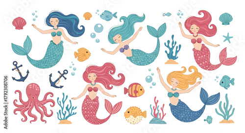 A delightful collection of charming mermaids swimming playfully in a vibrant underwater world.