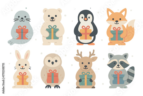Cute winter animals holding gifts: penguin, fox, rabbit, racoon, seal, bear, owl, deer