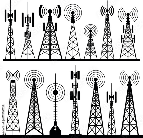 Wireless Signal and Telecommunication Tower Vector Silhouette Set