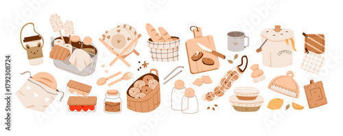 Zero waste kitchen essentials in flat style. Sustainable kitchen elements with composting, reusable containers and natural wooden utensils.