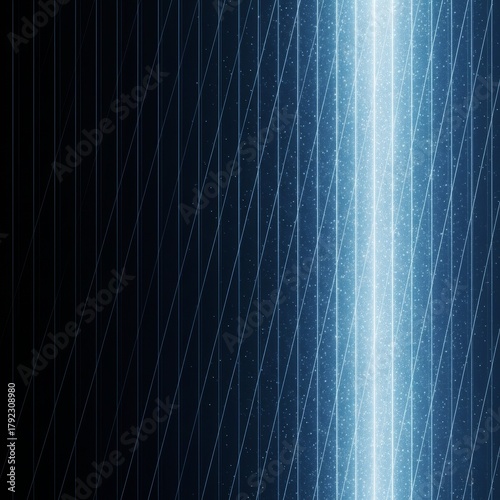 A striking abstract background featuring a bright, glowing vertical light beam illuminating a geometric pattern of thin blue lines and fine stardust particles against a dark space.