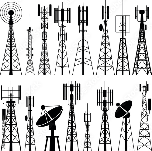 Communication and Transmission Towers Silhouette Vector Icon Set