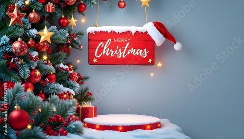 A festive background displays a Christmas tree, ornaments, and a sign with 
