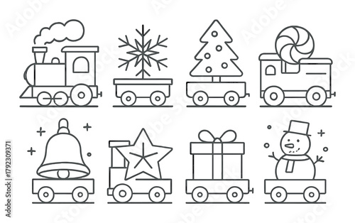 Outline icons of festive train with christmas symbols on metallic background