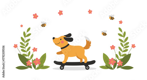 A happy dog is skateboarding through a field of flowers with bees flying around it.
