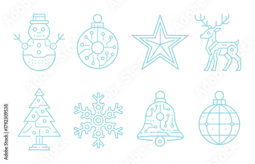 Glowing neon christmas icons: snowman, bauble, star, reindeer, tree, snowflake, bell